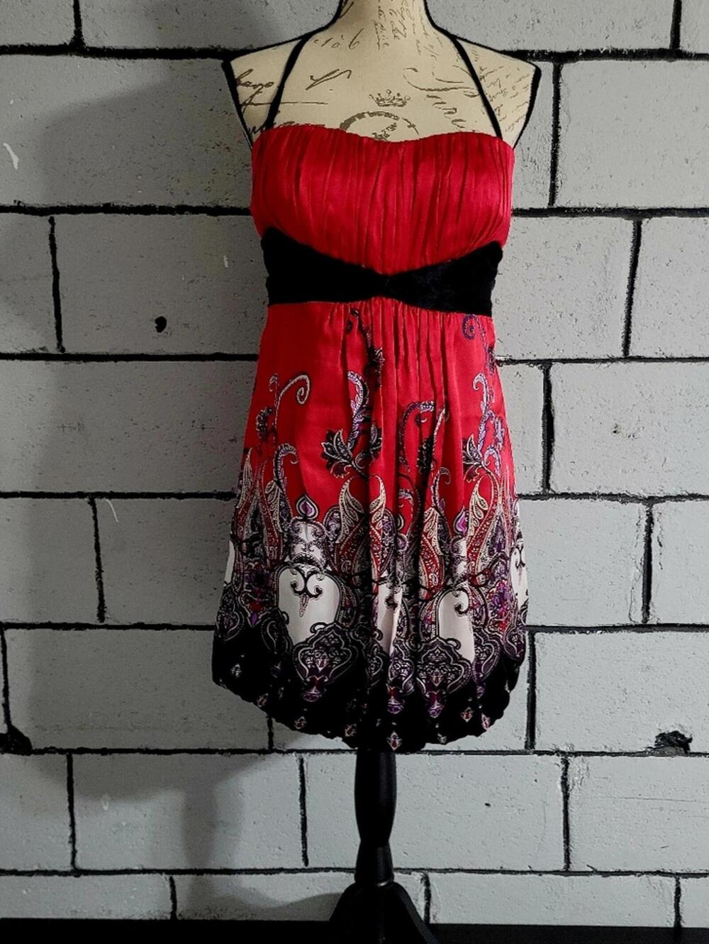 BUNDLE SALE!  VINTAGE BEBE! Red Patterned Silk Party Dress Size L